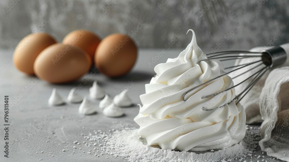 Poster whisk of whipped cream with eggs in the background. suitable for cooking and baking concepts