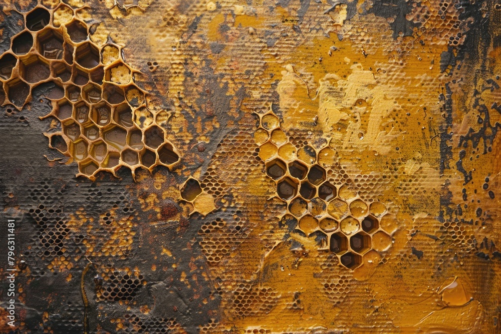 Poster Close-up of honeycombs on a rusty surface, suitable for backgrounds and textures