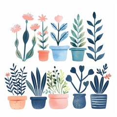 illustration of simple drawing of plants in pots on a white background, with blue line work, as well as colorful ink drawings and woodcut prints of plants growing together to form an arch shape, 