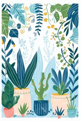  vertical illustration of  simple drawing of plants in pots on a white background, with blue line work, woodcut prints of plants growing together 