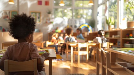 a photo of a multiracial Montessori classroom, depicting a realistic representation of children engaged in various educational activities within the inclusive and diverse learning environment.
