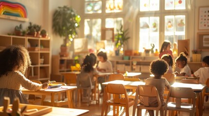 a photo of a multiracial Montessori classroom, depicting a realistic representation of children engaged in various educational activities within the inclusive and diverse learning environment.