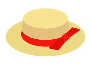 Women's hat with red ribbon and bow isolated on white background. Straw hat, yellow beach accessory and summer traditional agricultural rural headdress.