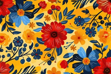Fototapeta na wymiar Vibrant yellow background with red, blue, and yellow flowers. Perfect for spring or summer-themed designs