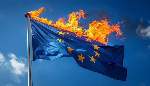 Flag of European Union on fire burning. The European Union suffers from a crisis, visualized by the European flag. Concept of crisis and war. Conflict - Powered by Adobe