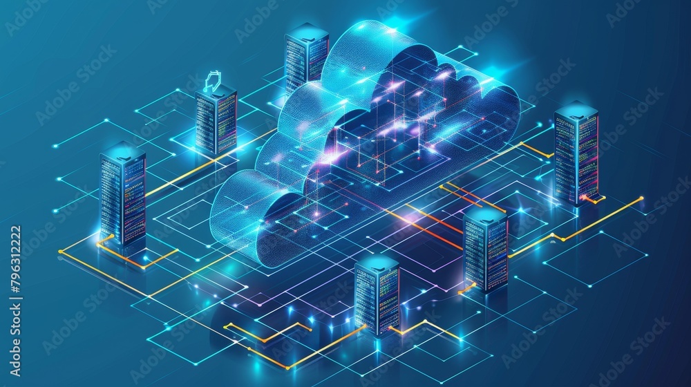 Poster cloud computing: a 3d vector illustration of a cloud infrastructure with servers and data storage un
