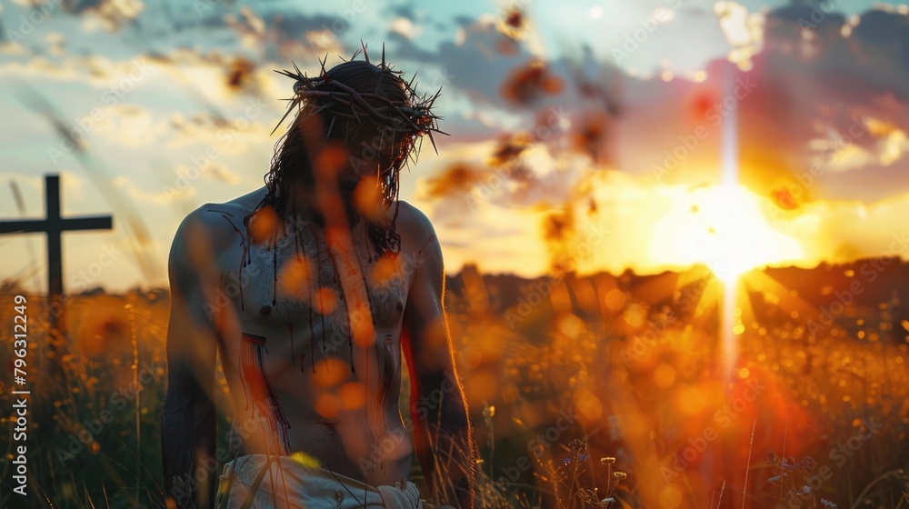 Poster A man sitting in a field with a cross in the background. Suitable for religious themes