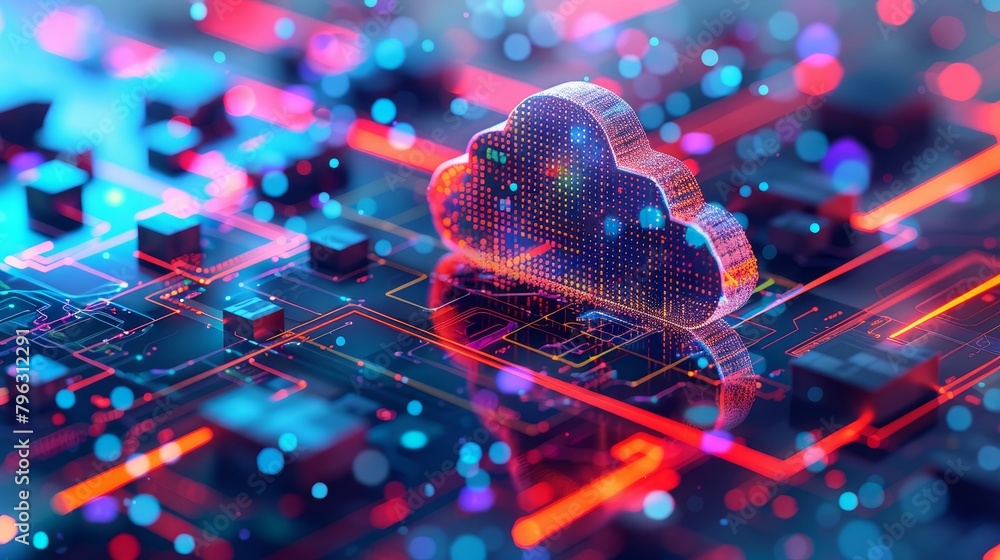 Poster cloud computing: a 3d vector illustration of a cloud server surrounded by digital data