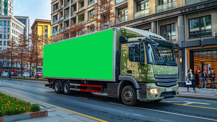 Stationary billboard truck with green mockup in city,generative ai