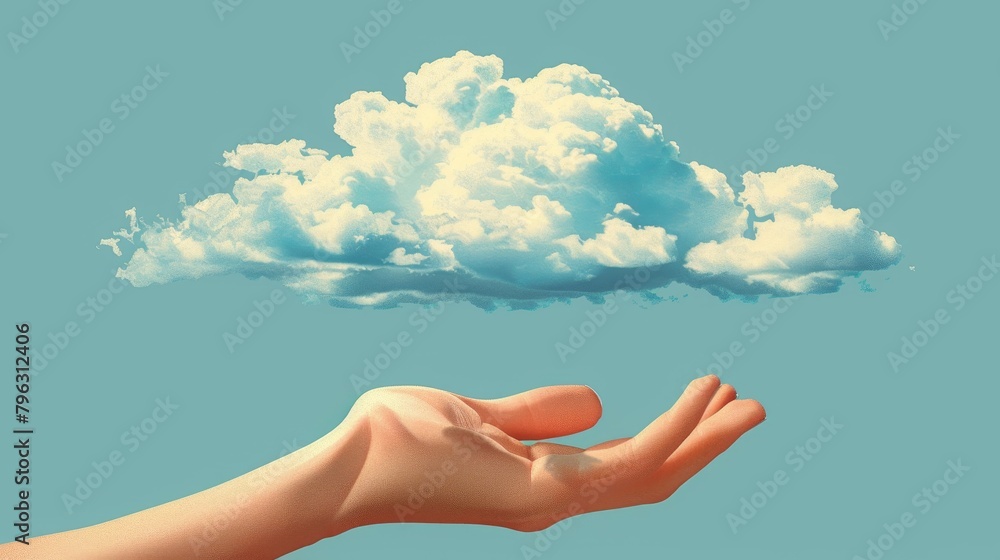 Poster cloud computing: a 3d vector illustration of a hand uploading data to a cloud