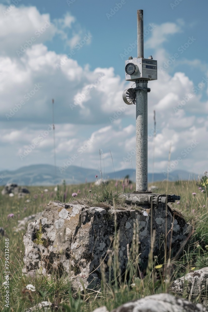 Poster a cross standing on top of a rock in a peaceful field. suitable for religious concepts or spiritual 