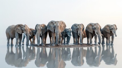 A group of elephants standing in a line in front of a body of water - obrazy, fototapety, plakaty