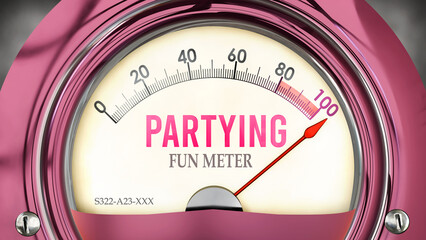 Partying and Fun Meter that is hitting a full scale, showing a very high level of partying, overload of it, too much of it. Maximum value, off the charts.  ,3d illustration
