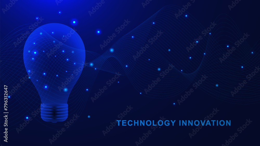 Poster abstract blue light bulb with connecting dots lines and wave flow for internet technology. electrici