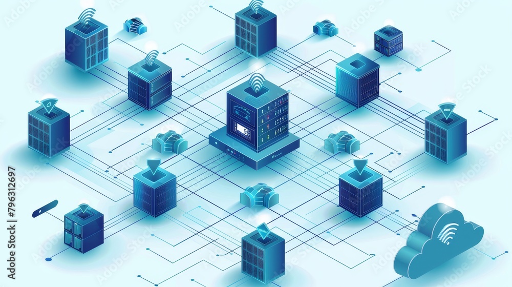 Poster cloud computing: an image of a network of interconnected cloud servers