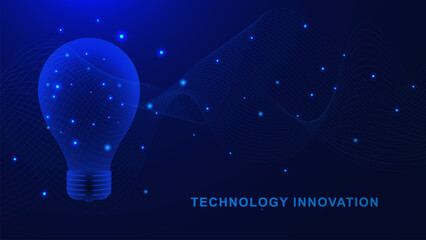Abstract blue light bulb with connecting dots lines and wave flow for internet technology. Electricity, innovation and new idea concept background.