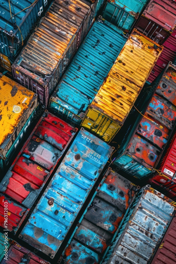 Poster A bunch of colorful cargo containers stacked on top of each other. Ideal for transportation and logistics concepts