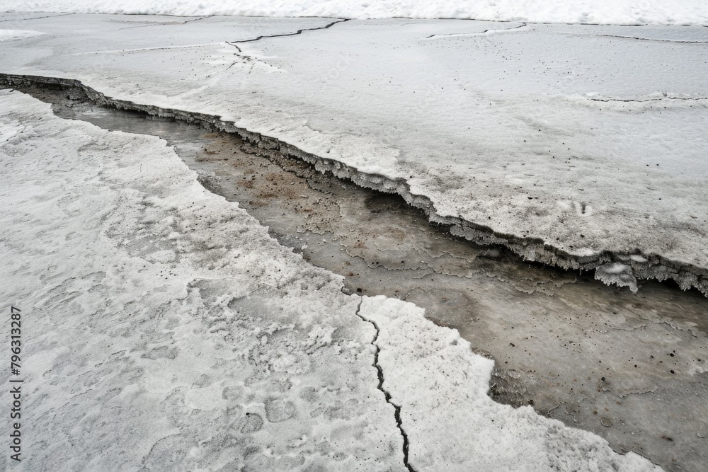 Poster a large crack in the ground covered with snow. suitable for environmental or natural disaster concep