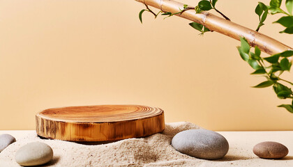 Decoration Wooden podium with sand, stones and tree branch on beige background