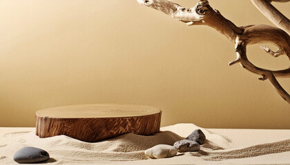 Decoration Wooden podium with sand, stones and tree branch on beige background