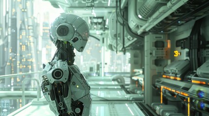 Digital Innovation: A 3D vector illustration of a humanoid robot performing complex tasks in a futuristic factory