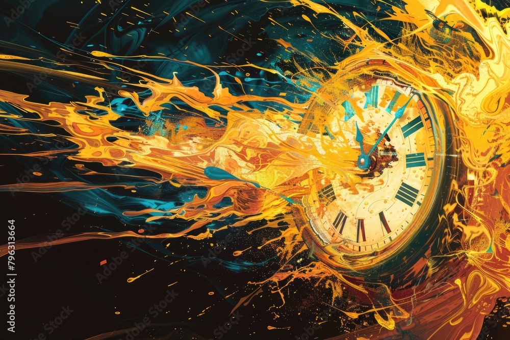 Poster clock with flames, symbolizing time running out. suitable for concepts of urgency and deadlines