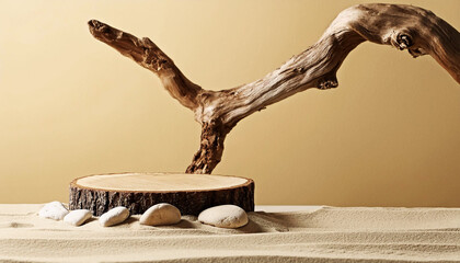 Decoration Wooden podium with sand, stones and tree branch on beige background