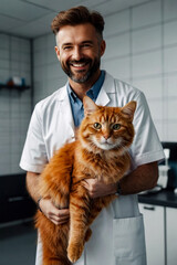 Portrait of veterinarian man holding red Maine Coon cat in modern veterinary clinic, looking at camera. Bearded male with cute domestic cat, smiling pleasantly. Animal care concept. Copy ad text space