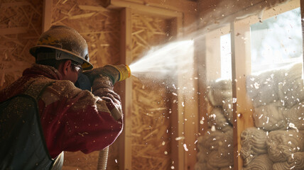 Shot of worker blowing loosefill insulation into wall cavity.generative ai