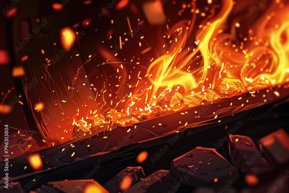 Poster a close up of a fire with sparks flying out. suitable for concepts related to energy and danger
