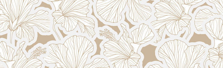 Beige minimalistic floral vector design with hibiscus flowers from different angles. - obrazy, fototapety, plakaty