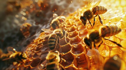 Bees gathered on a piece of wood. Suitable for nature and environmental concepts