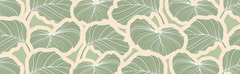 Summer botanical vector design with green tropical leaves. Green tropical background, design for wallpaper, covers, posters or banners. - obrazy, fototapety, plakaty