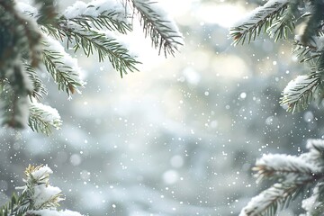 The frame of tree branches and snow on the bokeh background.