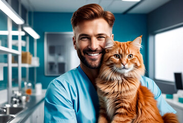 Portrait of veterinarian man holding red Maine Coon cat in modern veterinary clinic, looking at camera. Bearded male with cute domestic cat, smiling pleasantly. Animal care concept. Copy ad text space