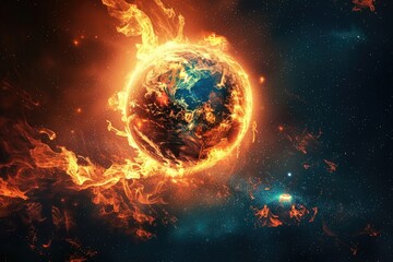 A stunning image of a planet with flames shooting out of it. Ideal for science fiction and fantasy concepts - obrazy, fototapety, plakaty