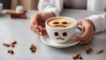 A white coffee cup with a sad face made of foam sits on a white saucer. The cup is held in two hands with cinnamon sticks scattered on the table.


