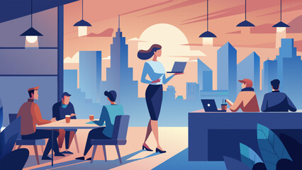 Back in the city the digital nomad attends a networking event at a trendy rooftop bar. Surrounded by other nomads and locals she finds potential