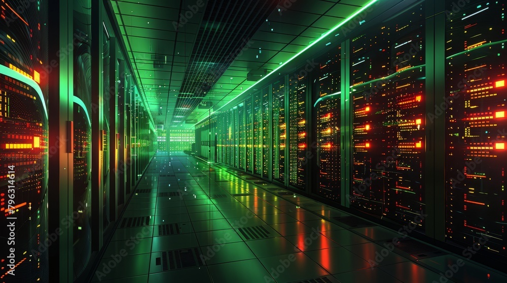 Poster internet infrastructure: a 3d vector illustration of a server room with blinking lights and humming 