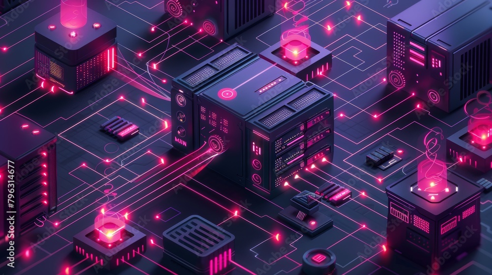 Poster internet infrastructure: a 3d vector illustration of network switches and routers in a data center