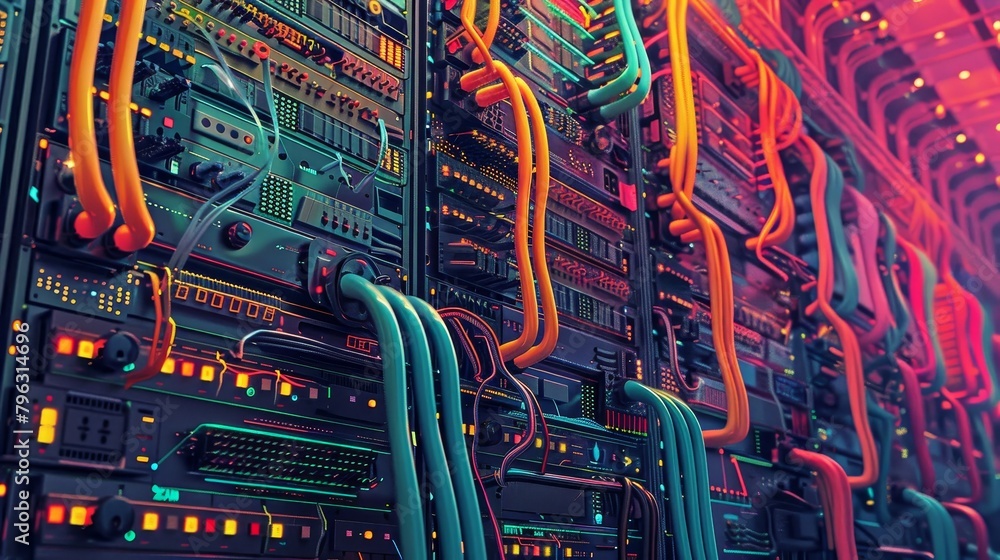 Poster internet infrastructure: a 3d vector illustration of network cables connecting servers in a data cen