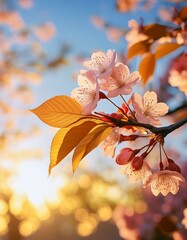 A unique depiction of a sakura branch during autumn, with a few lingering pink blossoms and golden leaves - obrazy, fototapety, plakaty