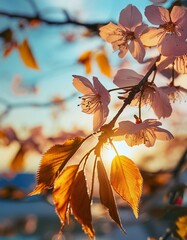 A unique depiction of a sakura branch during autumn, with a few lingering pink blossoms and golden leaves - obrazy, fototapety, plakaty
