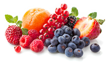 Group of juicy fruits and berries on white background - obrazy, fototapety, plakaty
