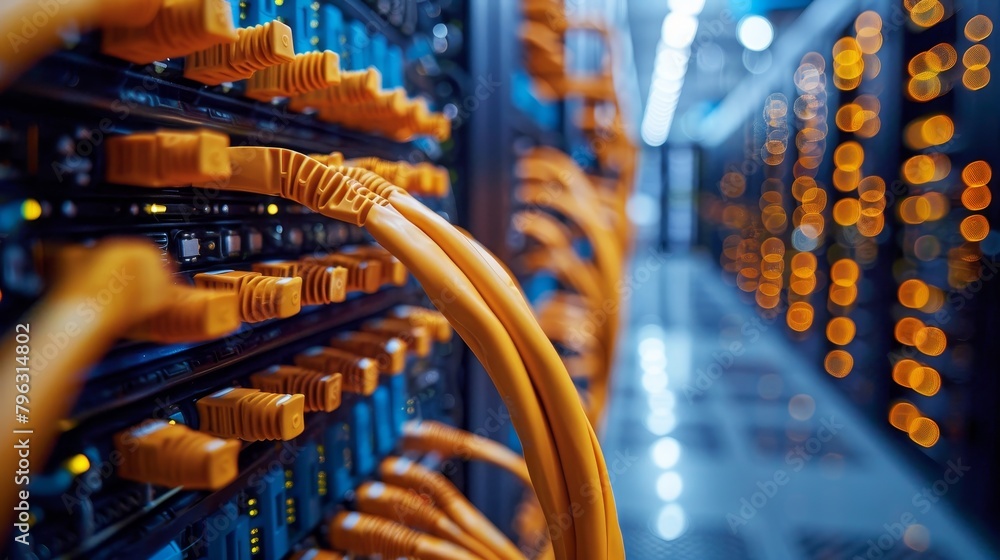 Poster internet infrastructure: a photo of network cables neatly organized and connected to servers in a se