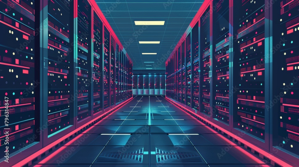 Poster internet infrastructure: a vector illustration of a data center filled with rows of servers and netw