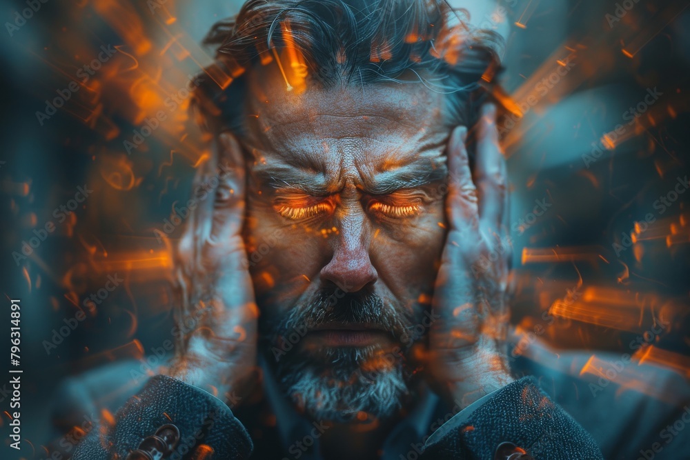 Poster a creative representation of a face surrounded by vivid, abstract glowing lines and rhythmic pattern