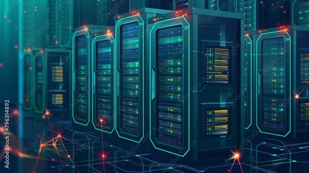 Poster internet infrastructure: a vector illustration of a data center with servers and network switches