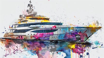 Luxury yacht in colorful newspaper scraps style - obrazy, fototapety, plakaty
