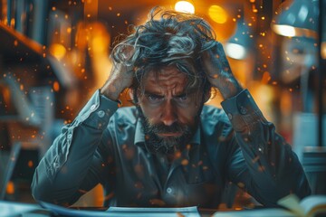 Fototapeta premium Dramatic portrait of a person clutching their head, surrounded by a flurry of golden lights and mystery